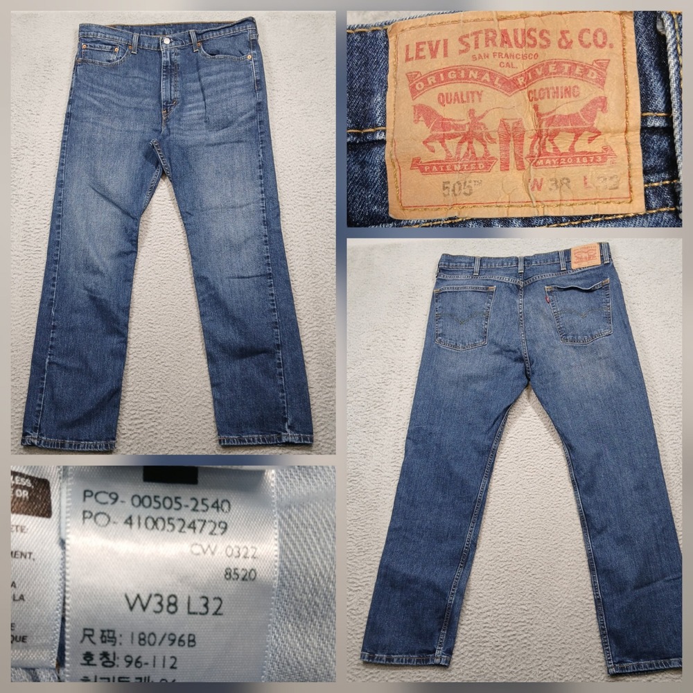 Levi's 505 Jeans Men's 38x32 Medium Wash Straight‎ Leg Regular Fit Denim